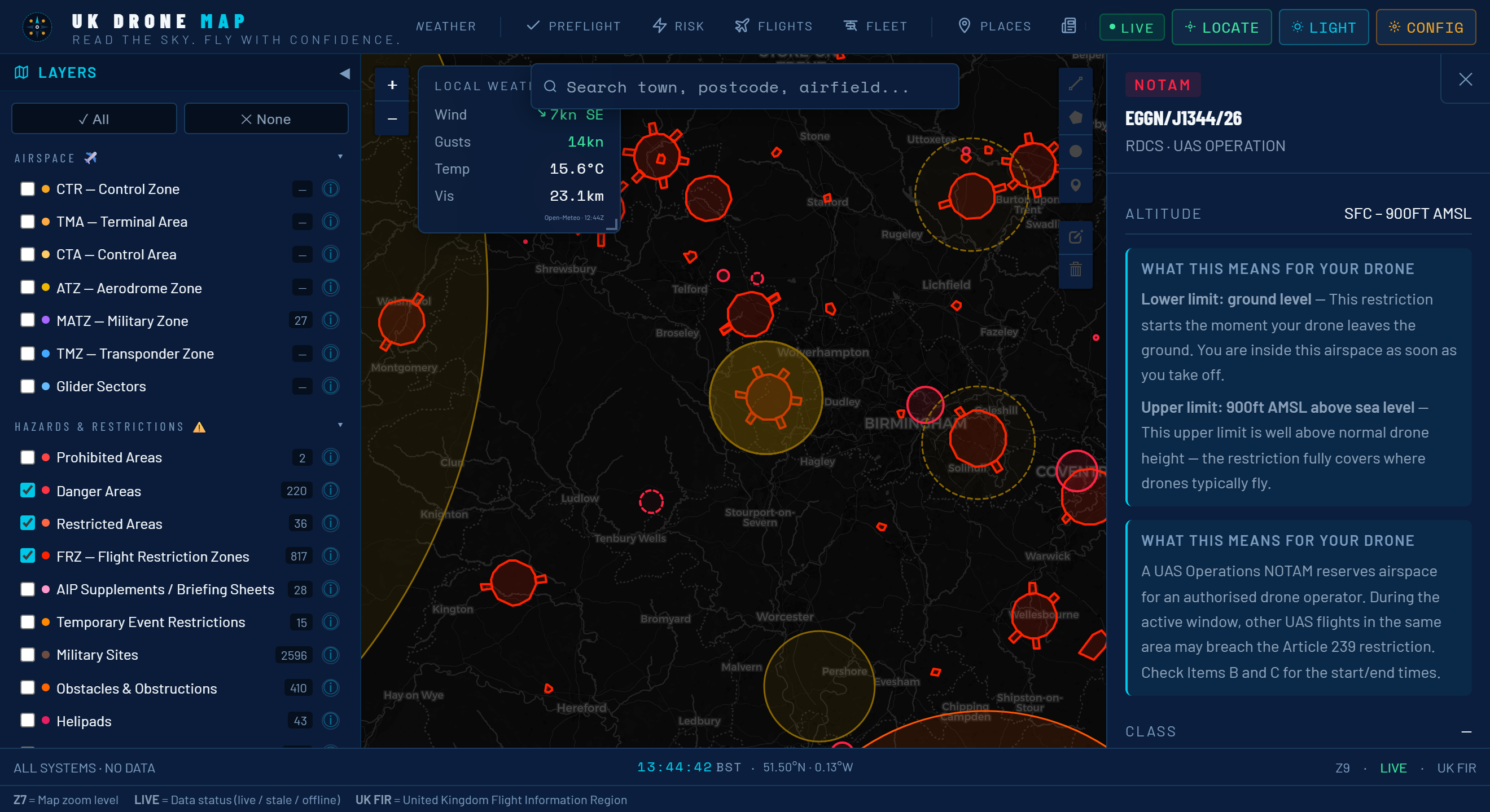 UK Drone Map NOTAM checker with a NOTAM zone highlighted on the map and a detail panel open on the right showing the NOTAM reference EGNR/J1344/26, a UAS operation restriction type, an altitude band of surface to 800 ft AMSL, and a plain-English explanation of what the restriction means for a drone pilot