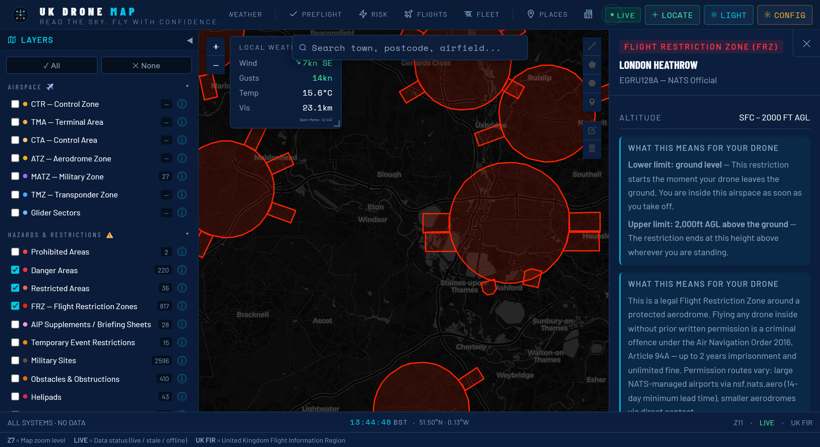 UK Drone Map zoomed in on London Heathrow showing its Flight Restriction Zone boundary on the map and a detail panel listing the aerodrome name, ICAO code EGLL, an altitude band of surface to 2000 ft, and an explanation that flying inside without permission is a criminal offence under Article 94A