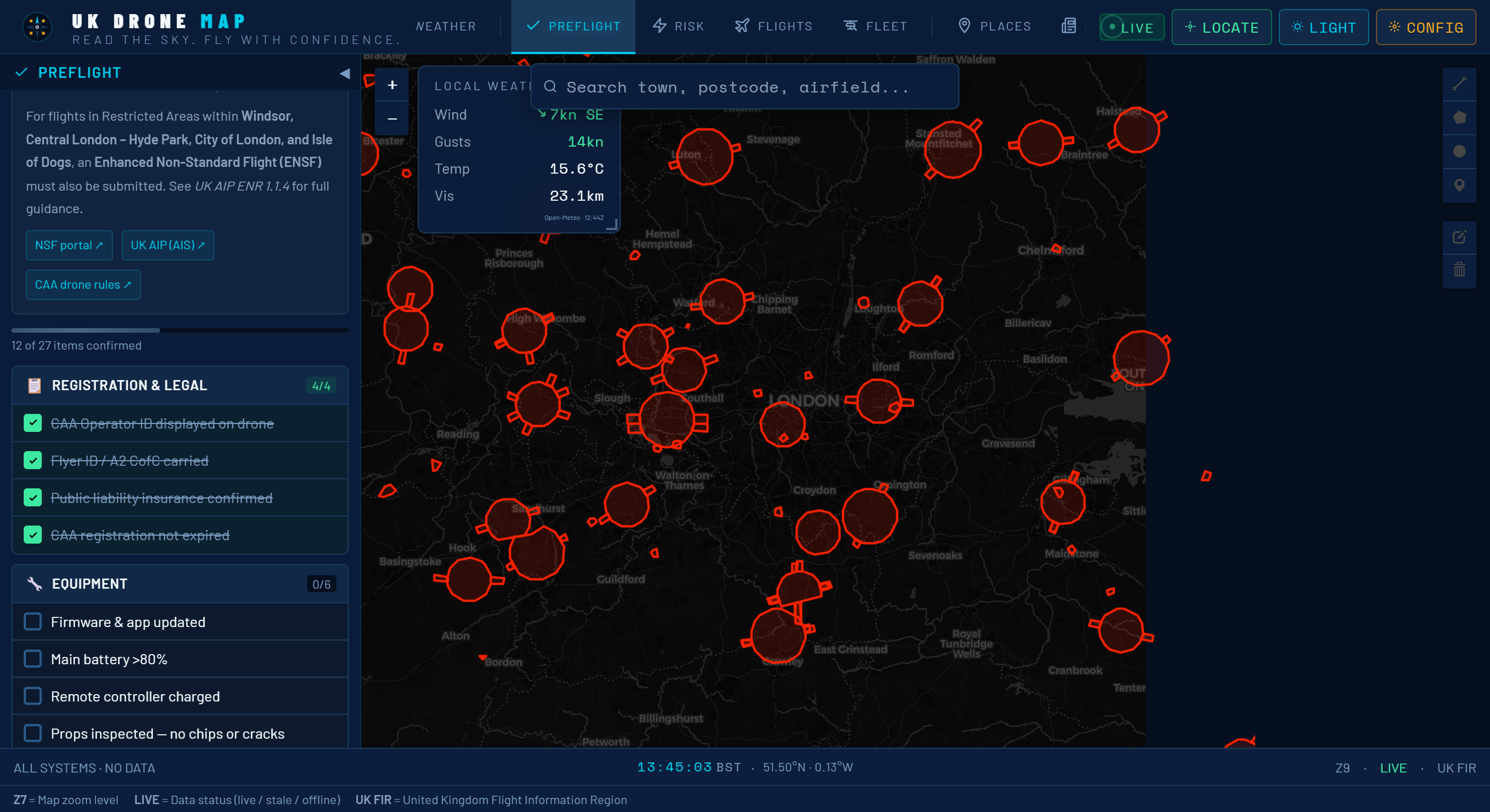 UK Drone Map pre-flight checklist with the registration and legal section fully ticked — Operator ID displayed, Flyer ID carried, insurance confirmed, registration valid — an overall progress of 12 of 27 items verified, a live local-weather widget showing wind, gusts, temperature and visibility, and Flight Restriction Zones visible on the map behind