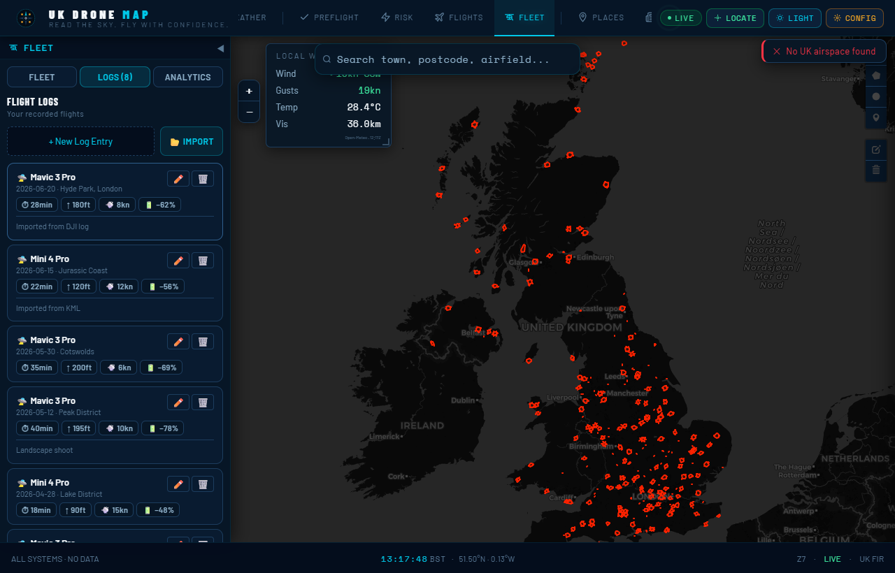 UK Drone Map flight logs list showing imported flights with duration, altitude and battery chips